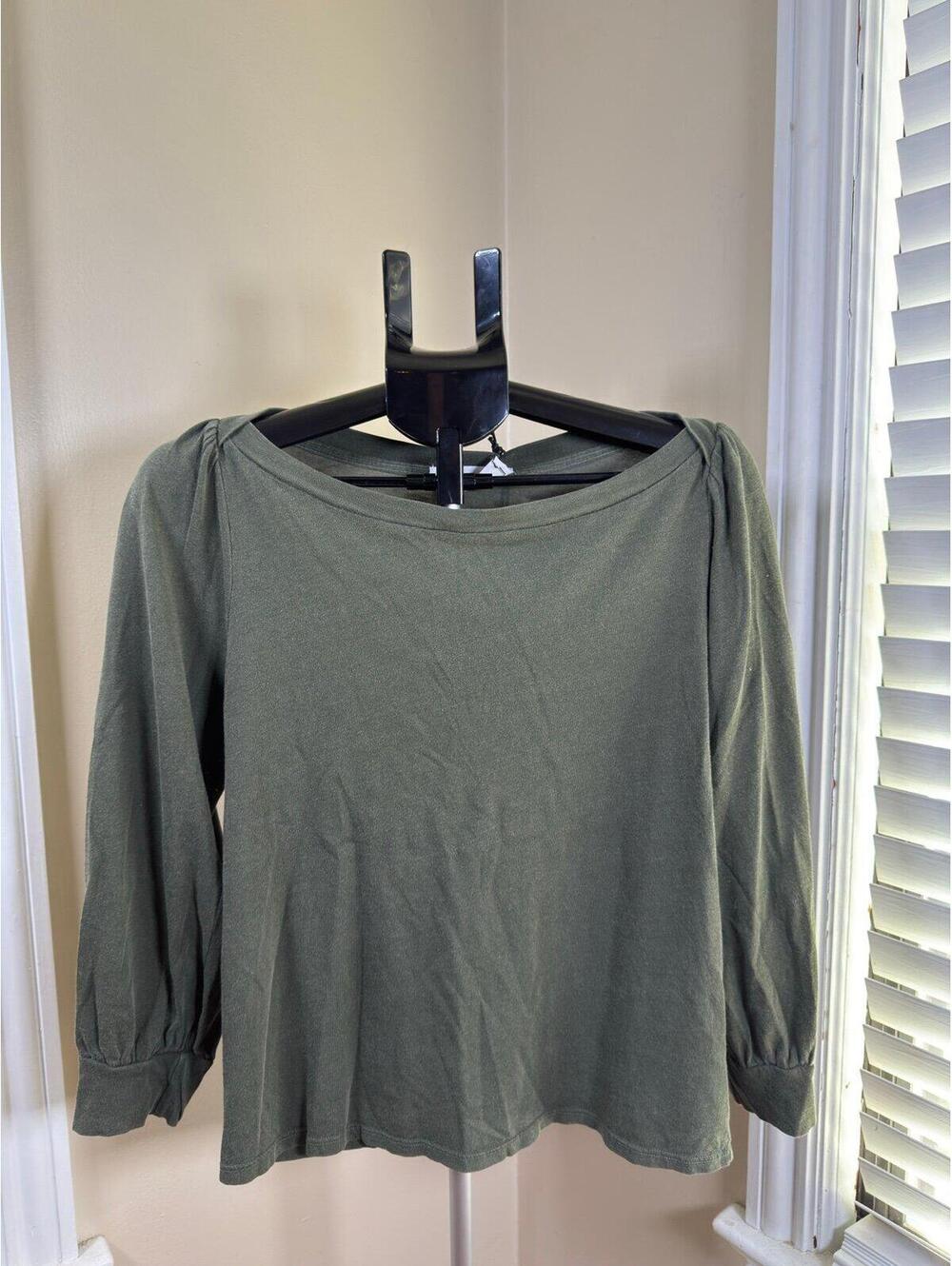 NWT Self Contrast Olive‎ Puff Sleeve Top Womens Large Boat Neck Long Sleeve